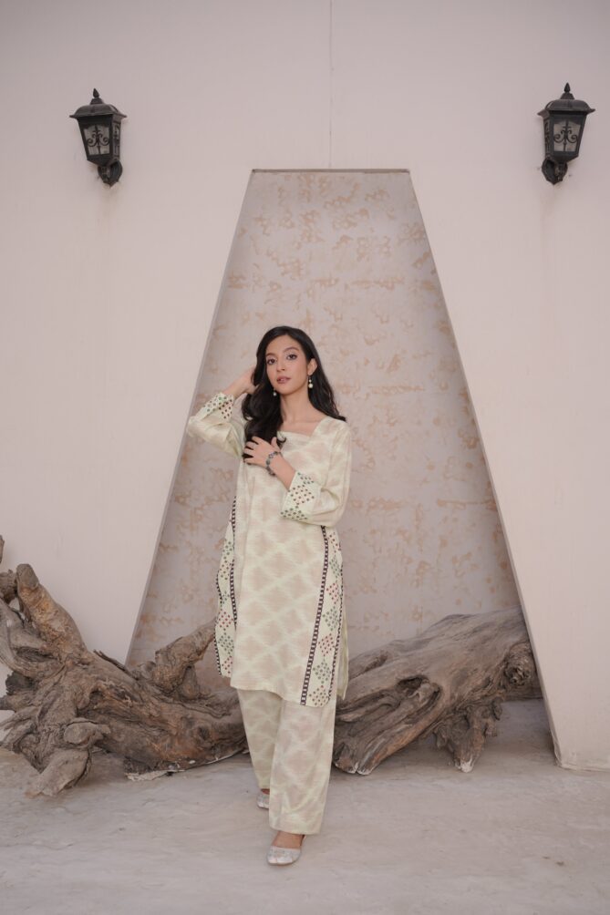 2-Piece Stitched Suit – Block Neck Kurti & Trouser - Image 3