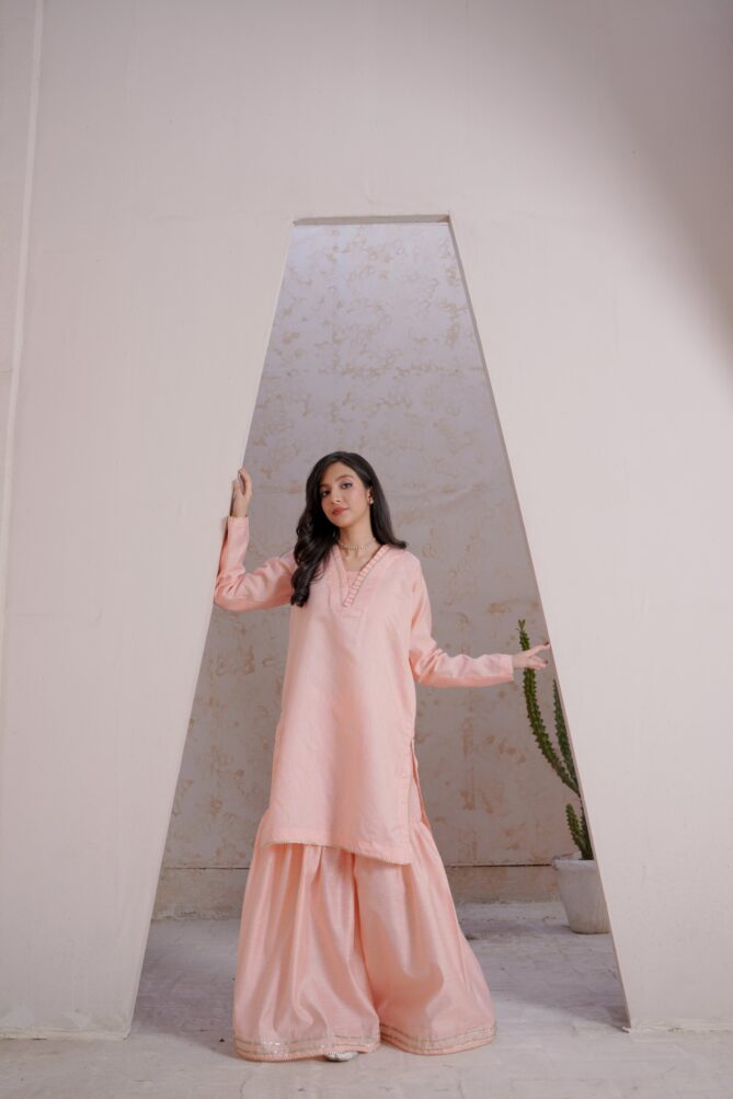 2-Piece Stitched Suit – V-Neck Kurta & Gharara with Lace Detailing - Image 5