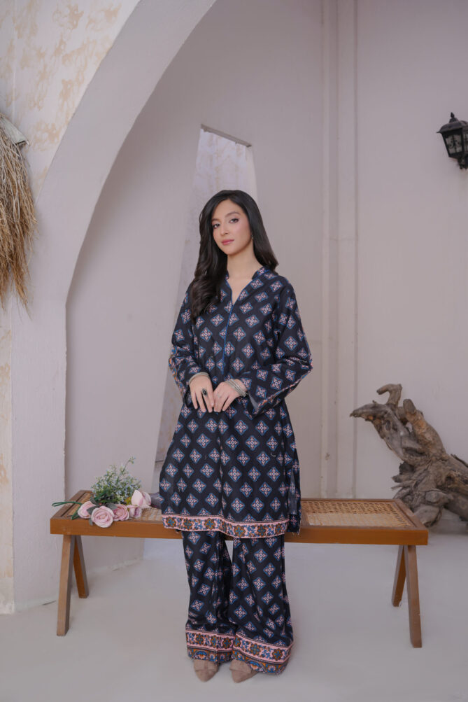 2-Piece Stitched Lawn Suit – Ban Neck Kurti & Farshi Shalwar - Image 4