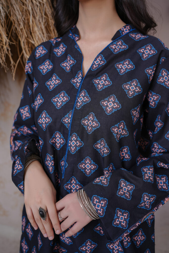 2-Piece Stitched Lawn Suit – Ban Neck Kurti & Farshi Shalwar - Image 3