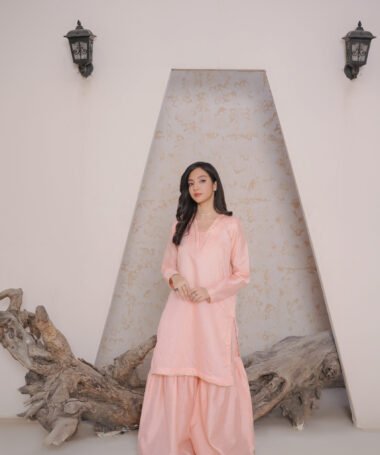 2-Piece Stitched Suit – V-Neck Kurta & Gharara with Lace Detailing